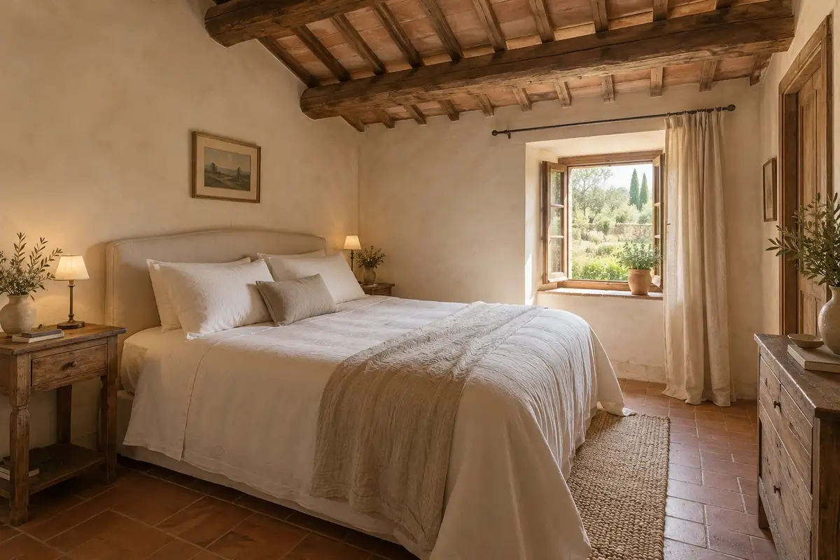 Camera Alloro con letto in lino, travi di castagno e finestra sul giardino