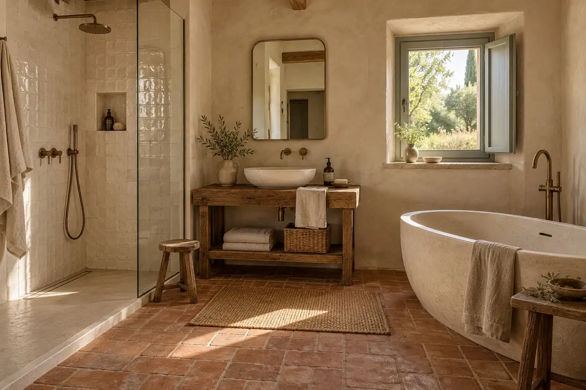 Bagno in calce e cotto con doccia, vasca in pietra e lavabo sul legno