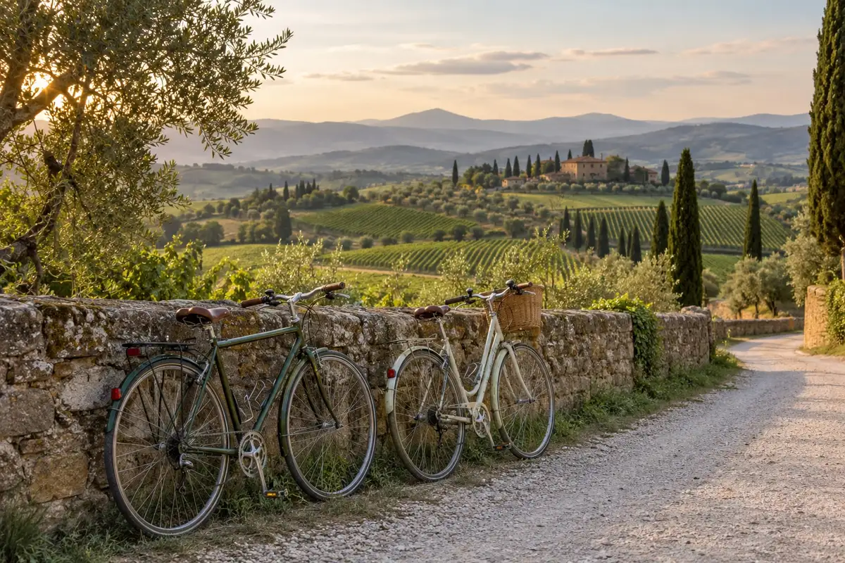 Due biciclette accanto a un muretto di pietra lungo una strada bianca