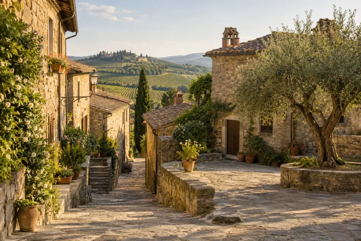 Piazzetta e vicolo di un borgo in pietra affacciato sui vigneti