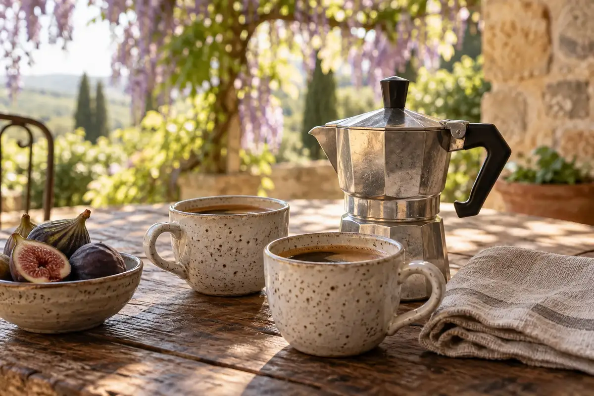 Moka, tazze in ceramica e fichi sul tavolo sotto il pergolato