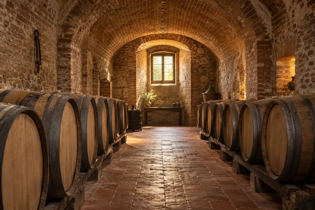Botti di rovere in una piccola cantina con volta di mattoni