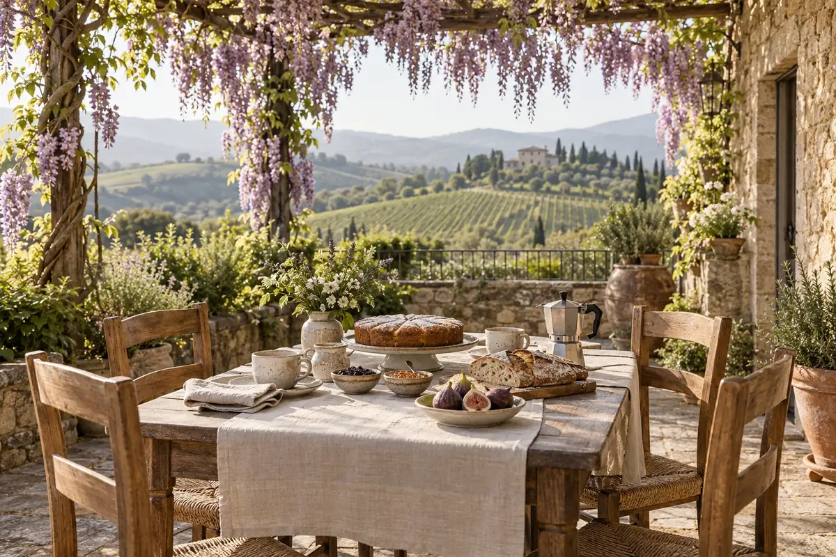 Colazione sotto il pergolato con torta fatta in casa, pane e marmellate