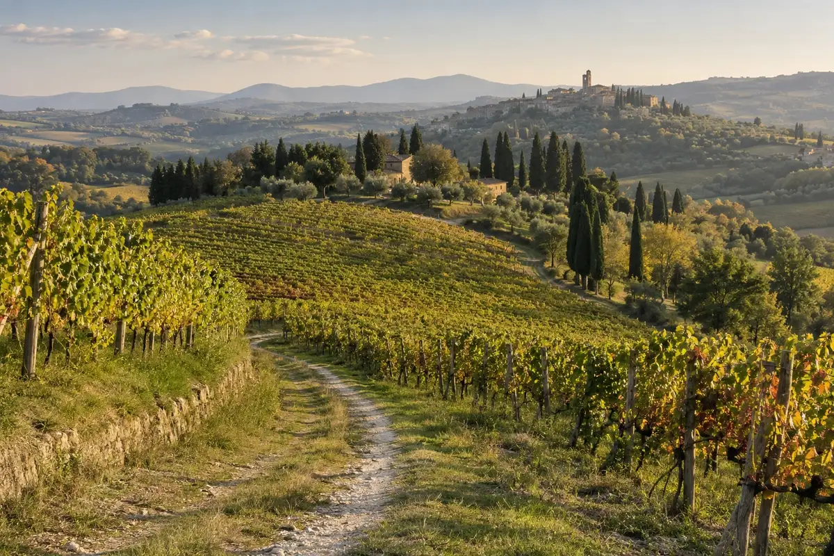 Sentiero tra i vigneti e i cipressi sulle colline nella luce del pomeriggio