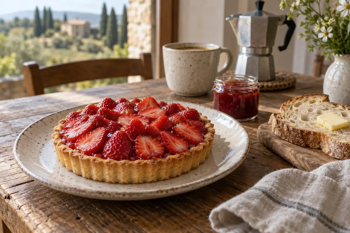 Crostata di fragole, pane e marmellata accanto alla moka