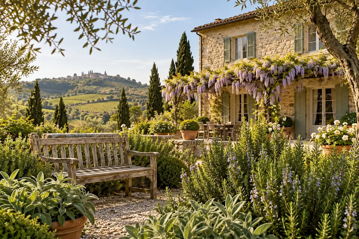 Panchina fra le erbe aromatiche con la casa in pietra e le colline sullo sfondo