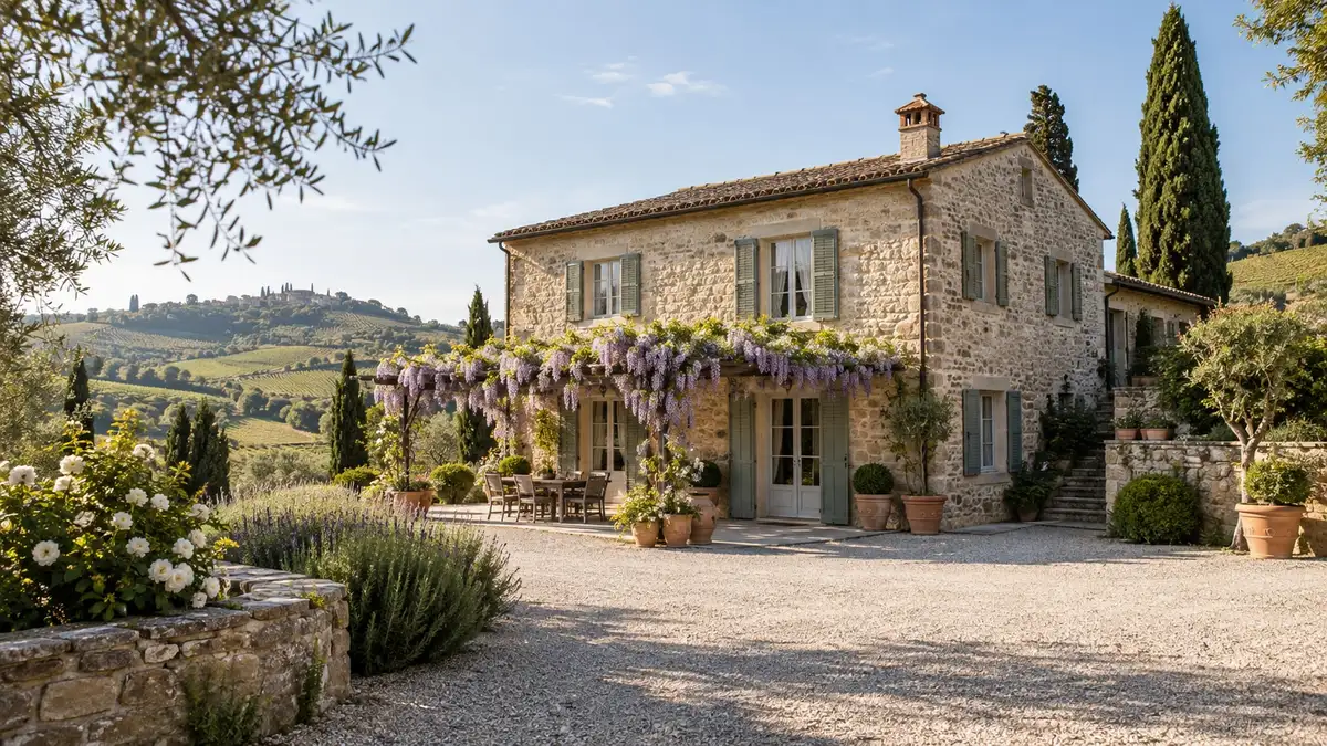 Casa in pietra con persiane verdi e pergolato di glicini tra le colline