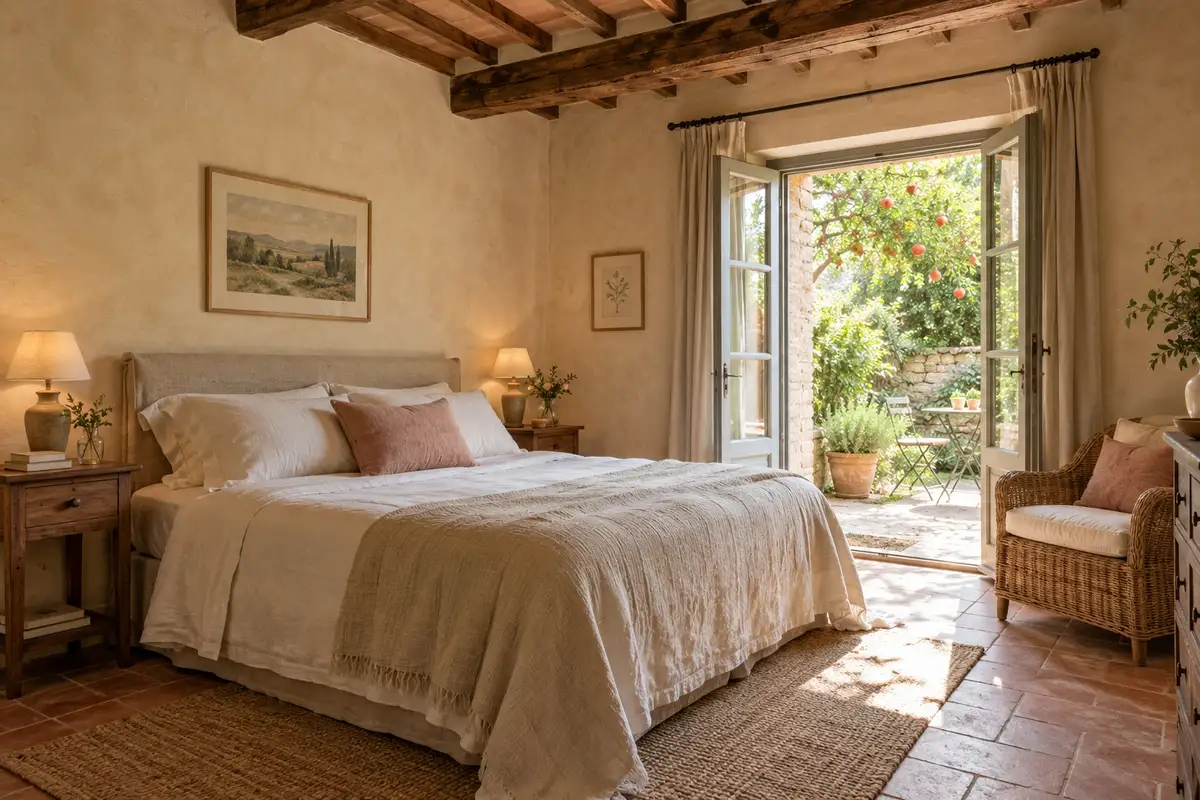 Camera Melograno con letto matrimoniale e porta-finestra sul giardino
