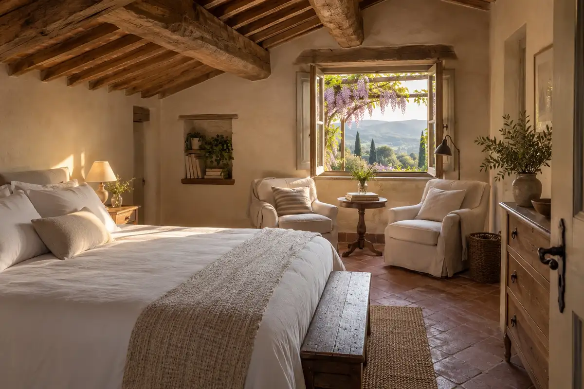 Camera Tiglio sotto le travi con letto matrimoniale e due poltrone di lino