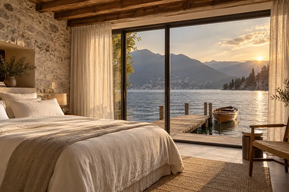 Suite Approdo con parete in pietra e vetrata sul pontile