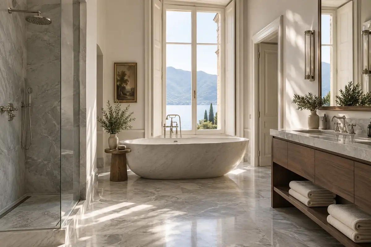 Bagno della villa con marmo grigio, vasca e finestra sul lago