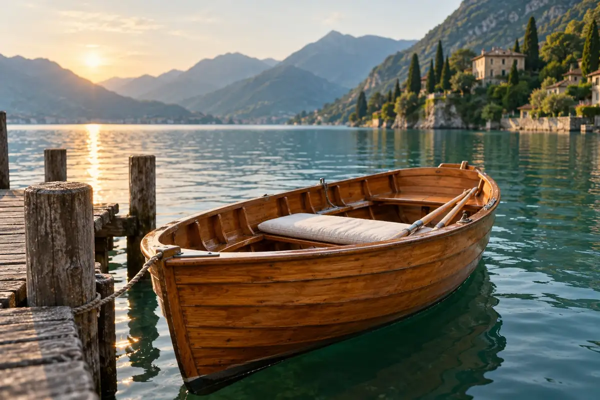 Barca a remi in legno ormeggiata al pontile nella luce della sera
