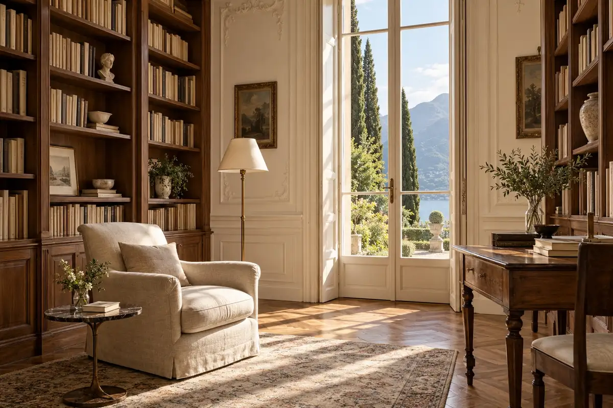 Biblioteca della villa con scaffali in legno, poltrona e luce dal giardino