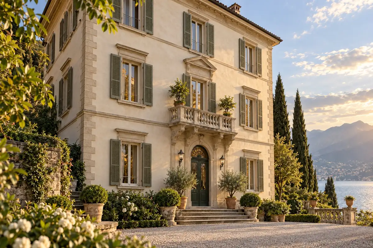 Facciata della villa vista dal giardino, con balcone in pietra e persiane verdi