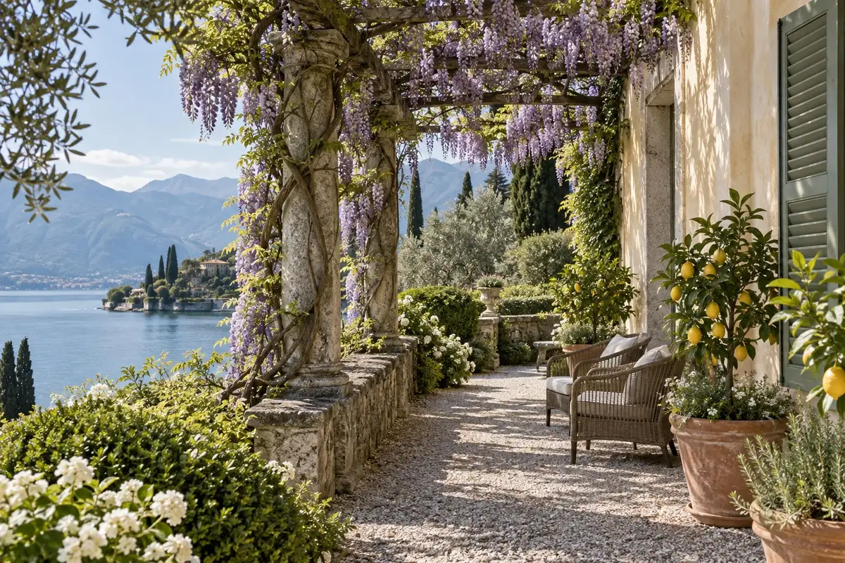 Pergolato di glicini con sedie, limoni in vaso e affaccio sul lago