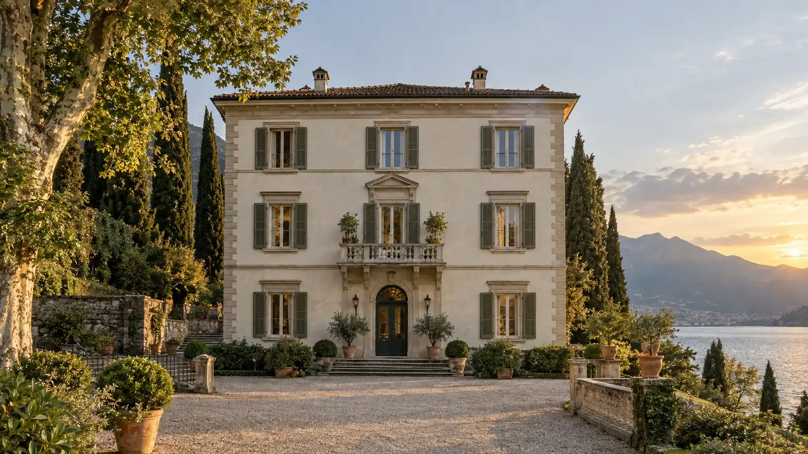 Villa color avorio con persiane verdi, giardino e affaccio sul lago