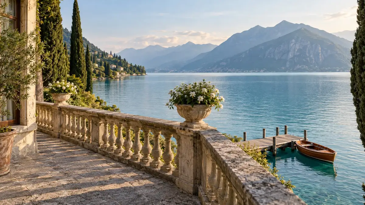 Lago e montagne dalla terrazza in pietra, con barca a remi al pontile