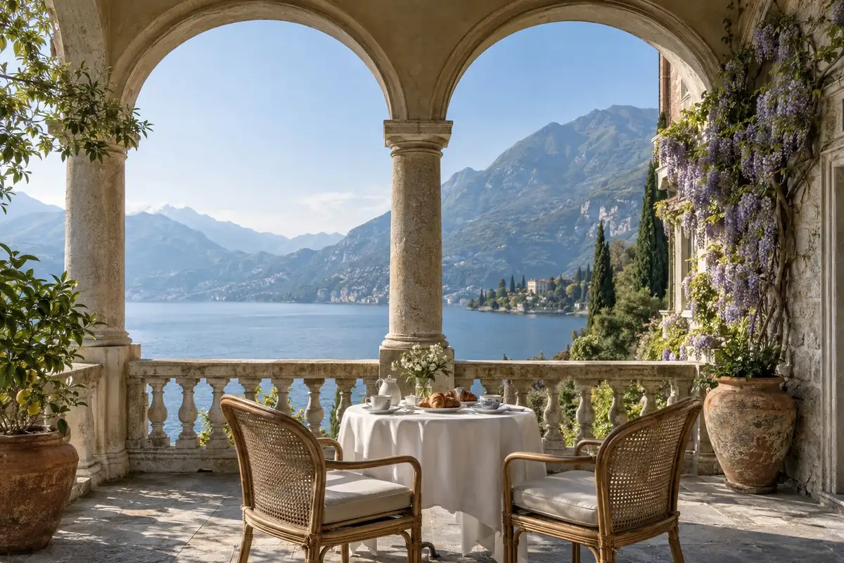 Colazione per due nella loggia ad archi affacciata sul lago