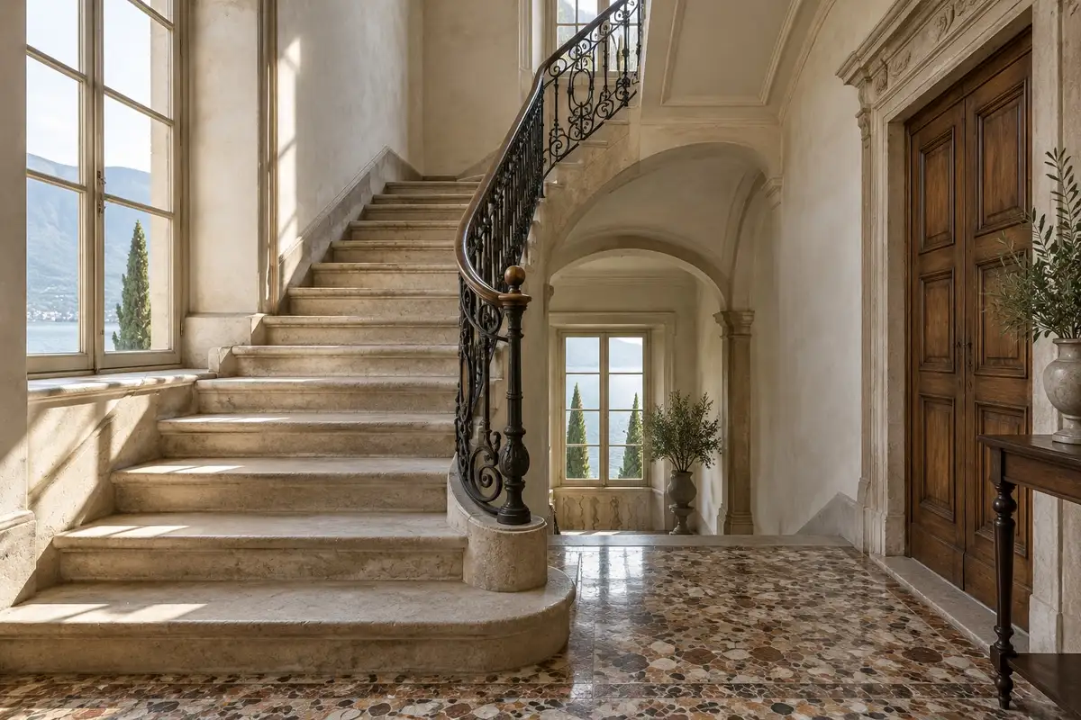 Scala in pietra con ringhiera in ferro e pavimento in graniglia di marmo