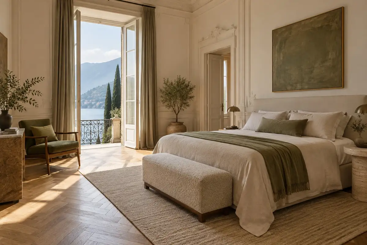Suite Loggia con letto in lino, parquet e porta-finestra sul lago