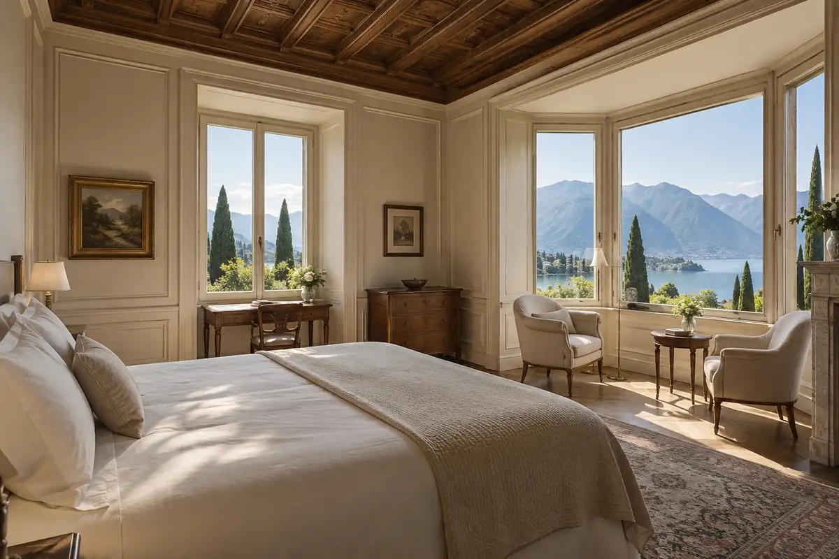 Suite Torrino con soffitto a cassettoni, scrittoio e grandi finestre sul lago