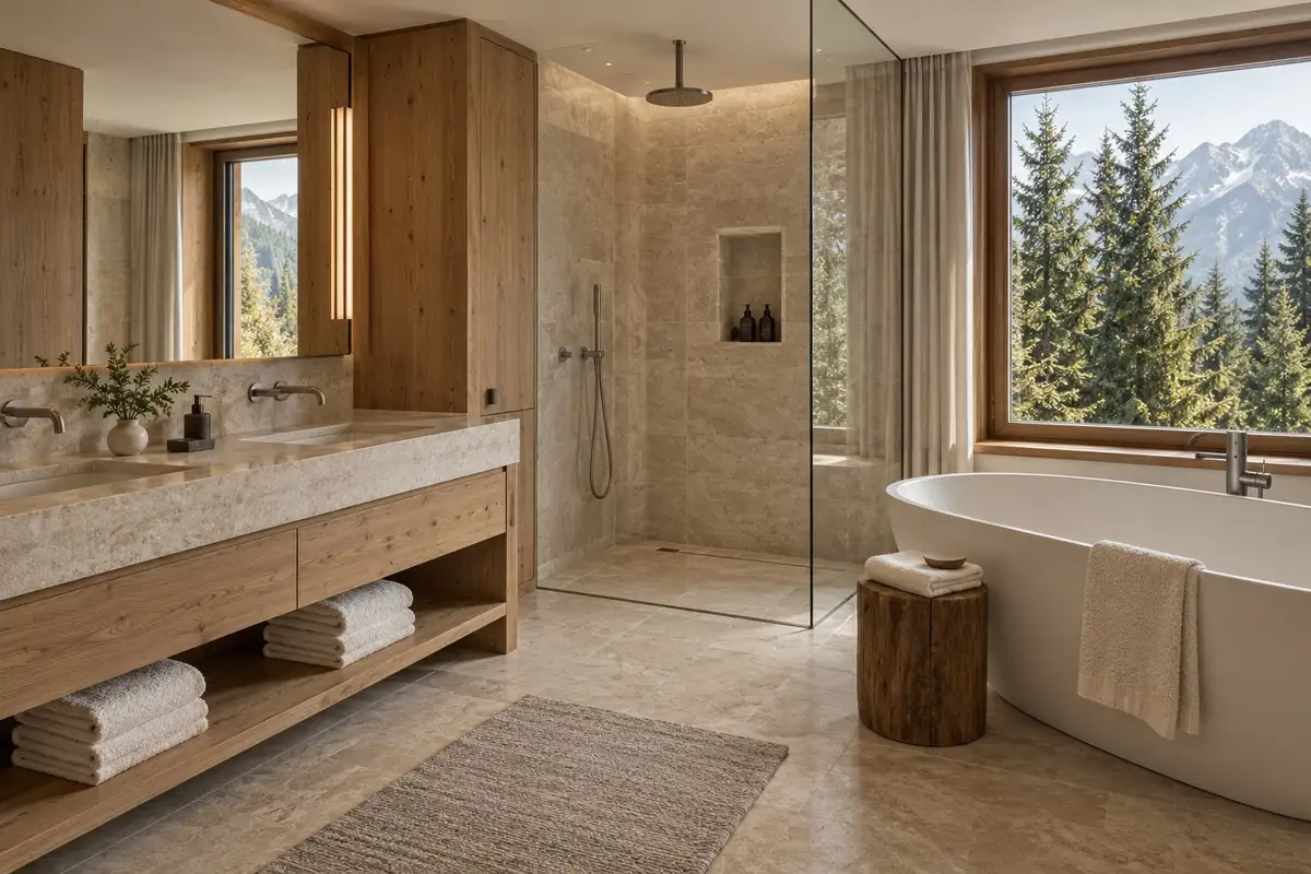 Bagno in pietra e larice con doppio lavabo, doccia e vasca