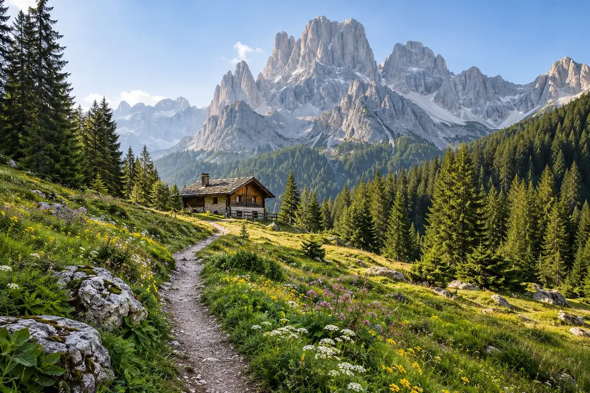 Sentiero tra prati fioriti e una malga di legno sotto le cime