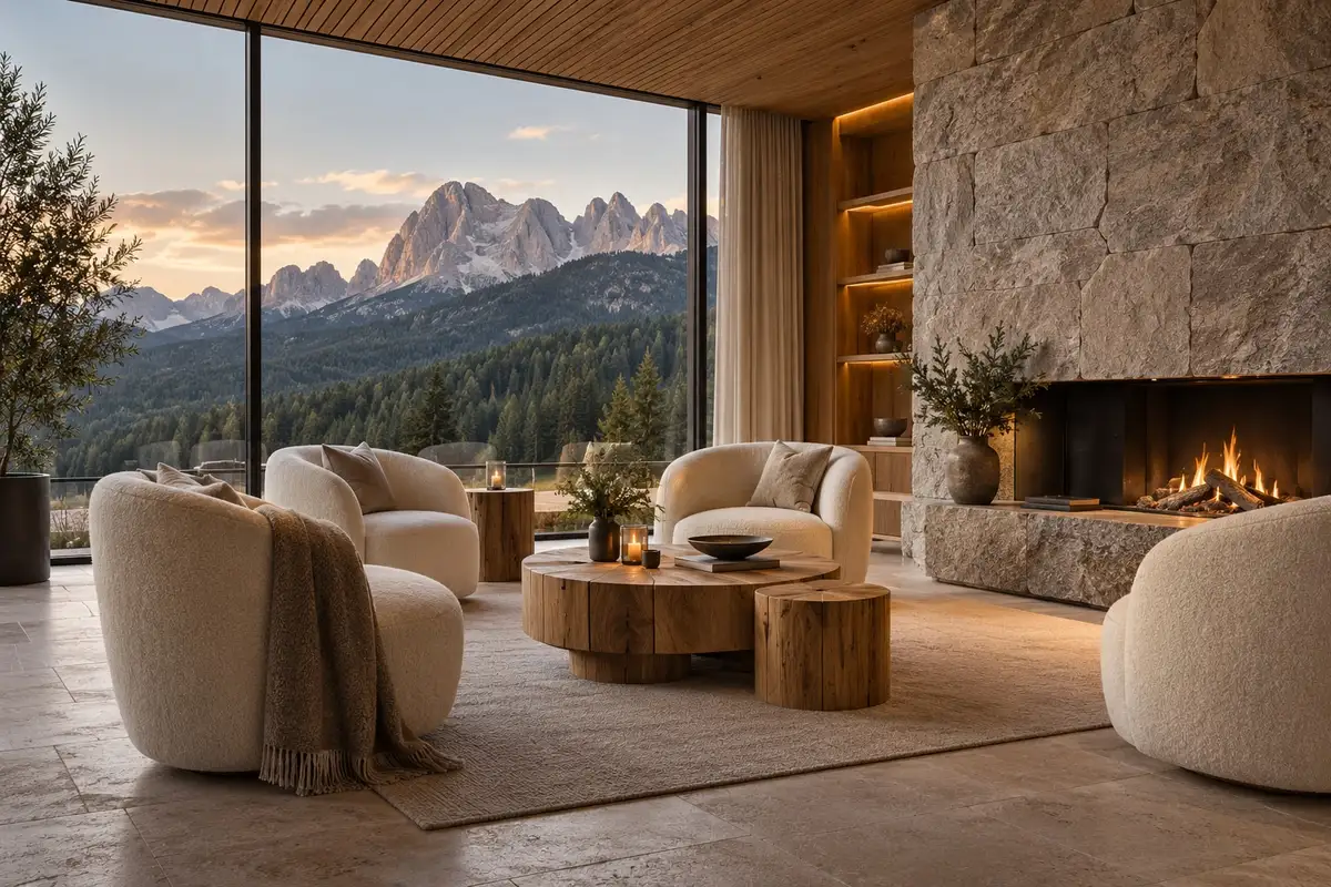 Salotto dell’hotel con camino, poltrone in lana e vetrata sulle montagne