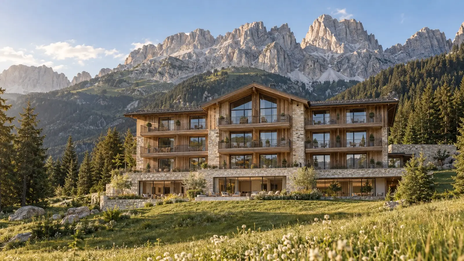 Hotel in larice e pietra fra il prato alpino, il bosco e le cime