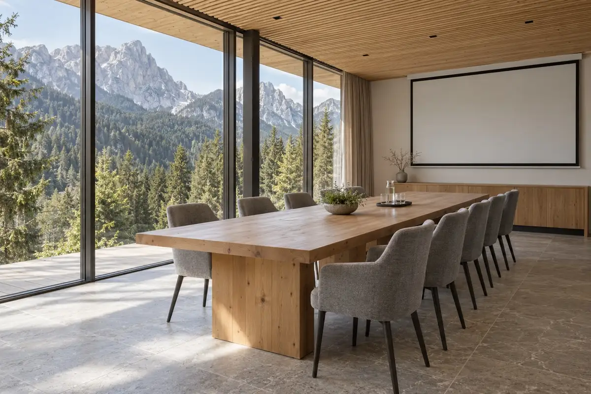 Sala incontri con tavolo in legno, sedie e vista sulle montagne