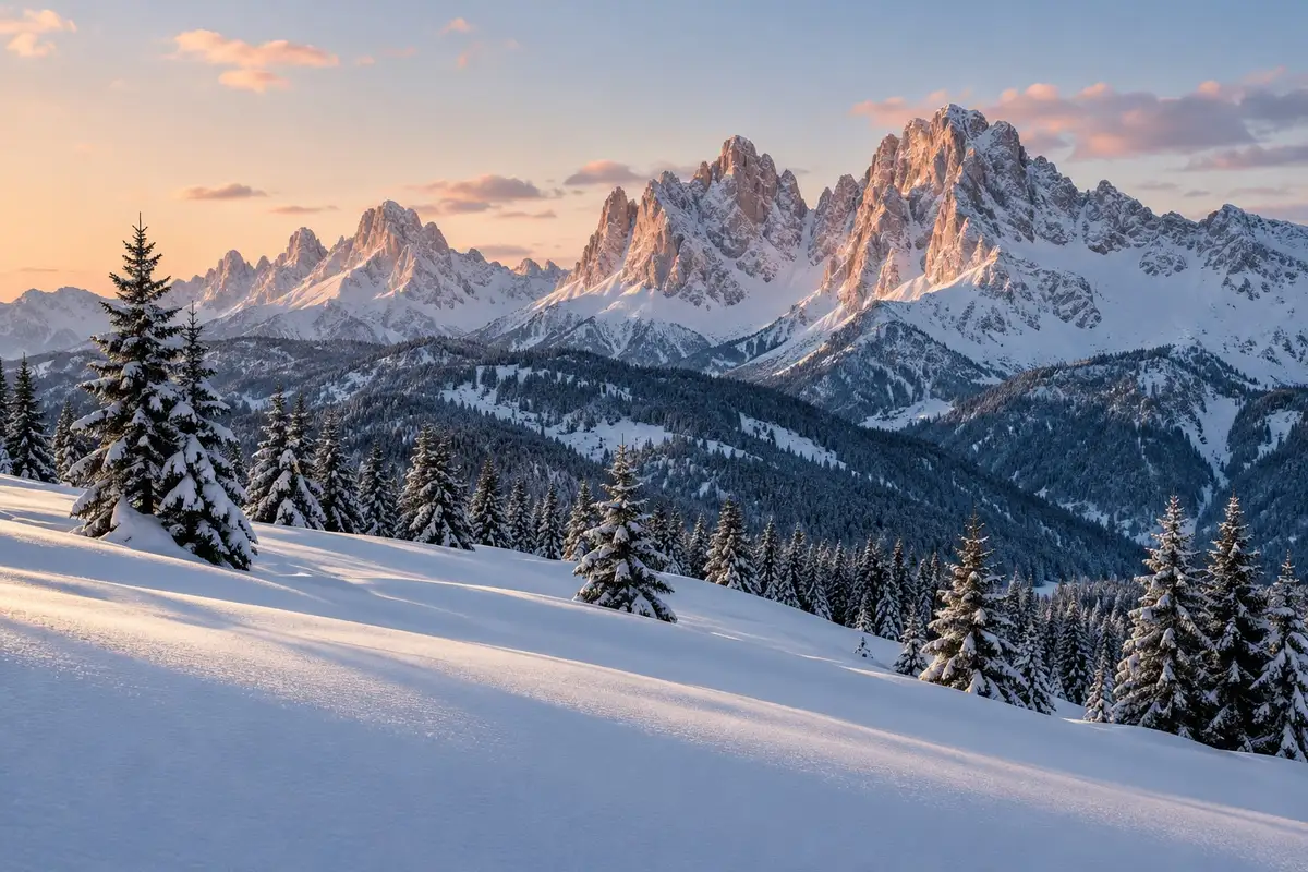 Bosco e pendii innevati con le cime illuminate dalla luce della sera