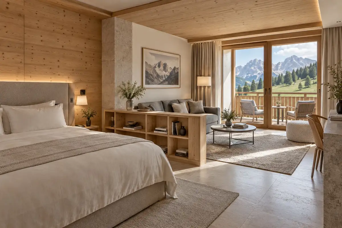 Junior suite con letto e zona giorno separati da una libreria in legno