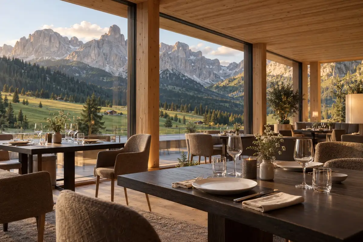 Ristorante in legno con tavoli apparecchiati e vetrate sulle cime