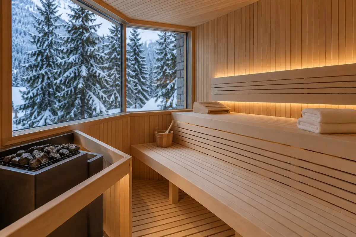 Sauna finlandese in legno chiaro con finestra sul bosco innevato