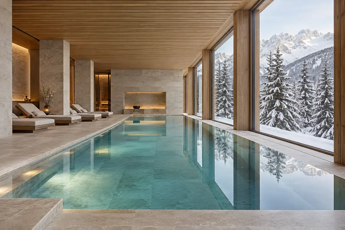 Piscina interna con vetrata sul bosco innevato e lettini in pietra chiara
